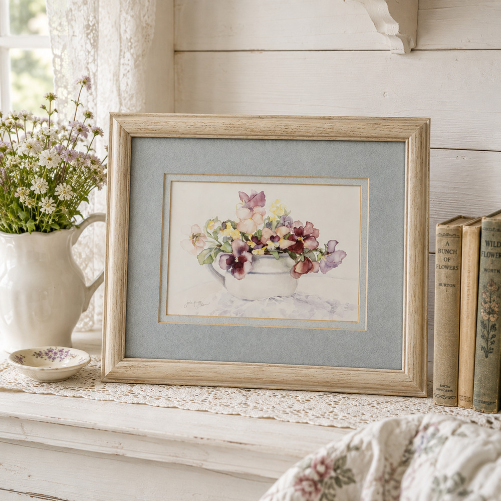 VTG Jodi Jensen Signed Pansies Print Blue Double Mat Oak Frame 10x12 Cottagecore
